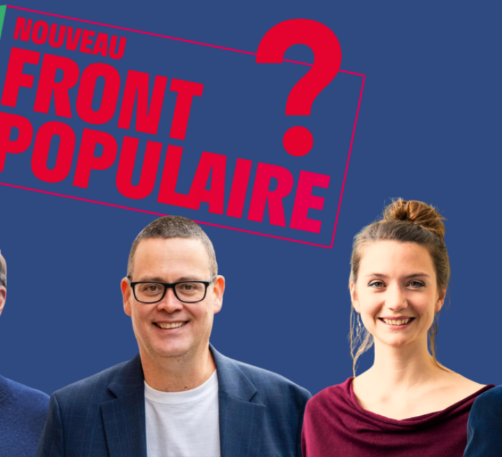Vers un Front populaire en Belgique francophone ? Paul Magnette, Raoul Hedebouw, Marie Lecocq et Samuel Cogolati (photomontage Politique).