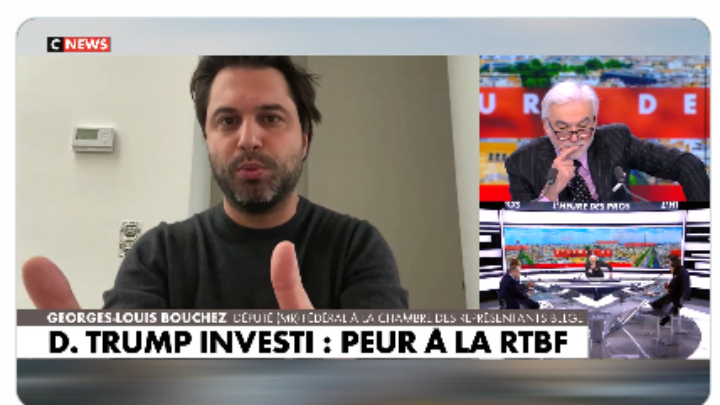 Georges-Louis Bouchez sur la chaîne d’extrême droite française C News le 23 janvier pour dénoncer le choix de la RTBF de ne pas diffuser en direct le discours d’investiture de Donald Trump.