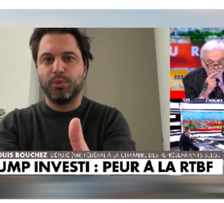Georges-Louis Bouchez sur la chaîne d’extrême droite française C News le 23 janvier pour dénoncer le choix de la RTBF de ne pas diffuser en direct le discours d’investiture de Donald Trump.